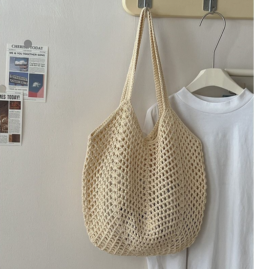 Beige Crochet Mesh Tote Bag