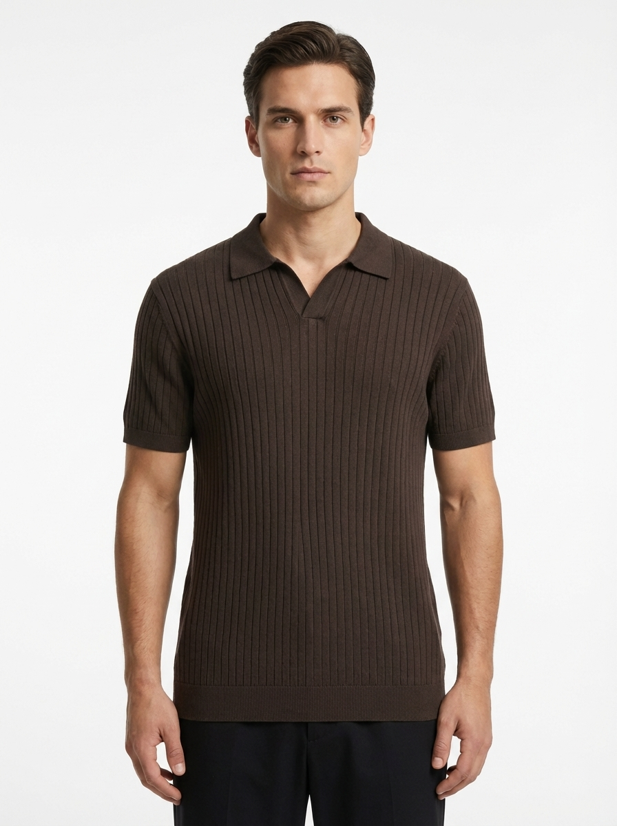 Wool Polo V Neck With Line On Body (Thin) Short SleeveBROWN