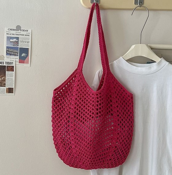 Pink Crochet Mesh Tote Bag
